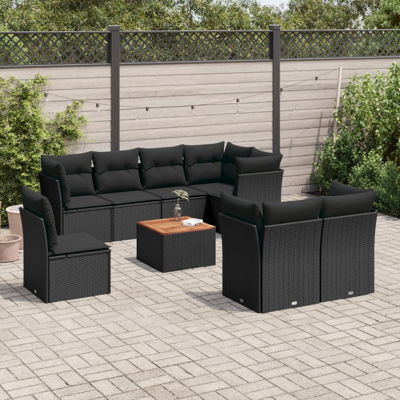 vidaXL 9 Piece Garden Sofa Set with Cushions Black Poly Rattan
