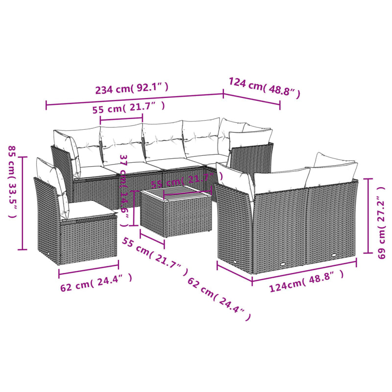 vidaXL 9 Piece Garden Sofa Set with Cushions Grey Poly Rattan