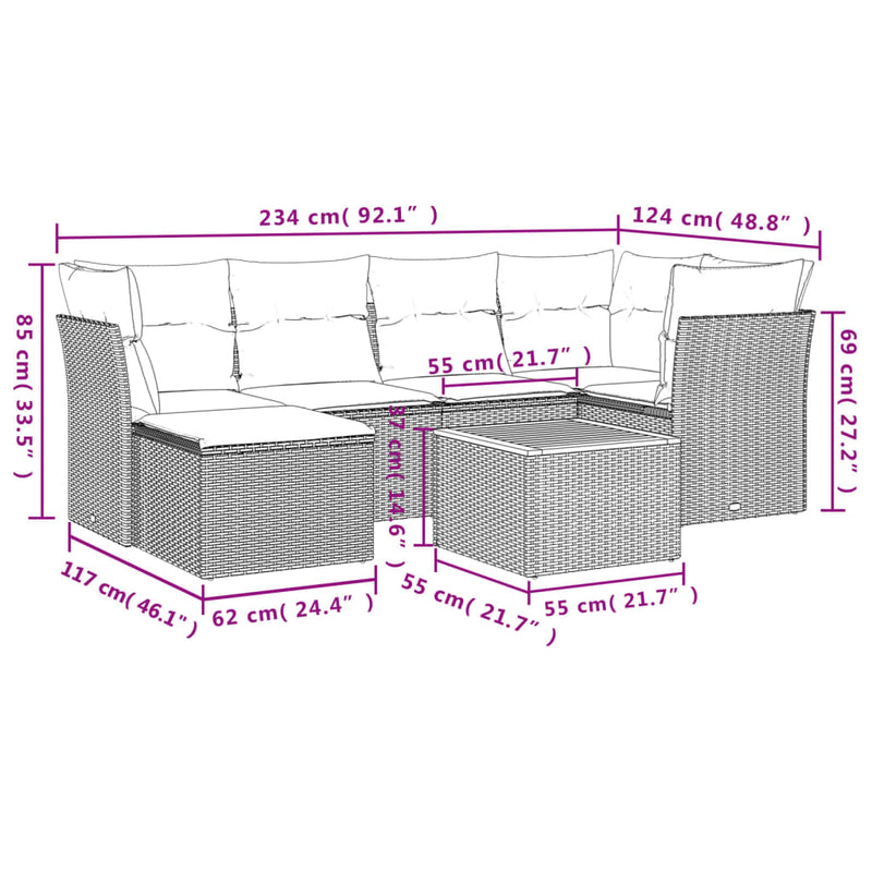 vidaXL 7 Piece Garden Sofa Set with Cushions Grey Poly Rattan