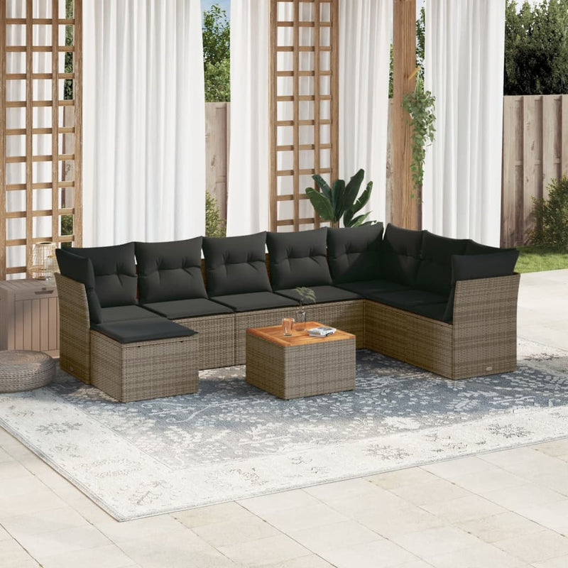 9 Piece Garden Sofa Set with Cushions Grey Poly Rattan