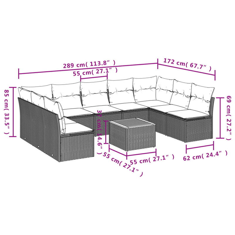 10 Piece Garden Sofa Set with Cushions Grey Poly Rattan