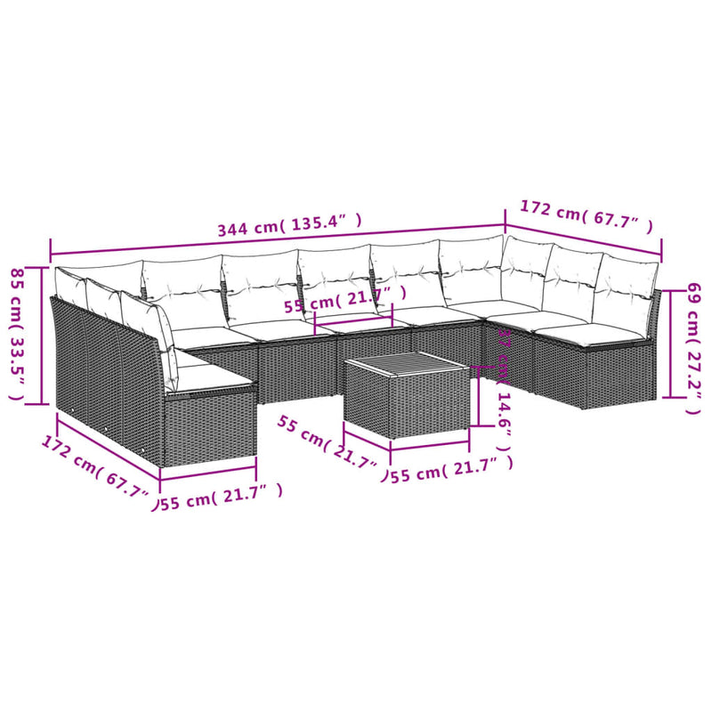 vidaXL 11 Piece Garden Sofa Set with Cushions Black Poly Rattan
