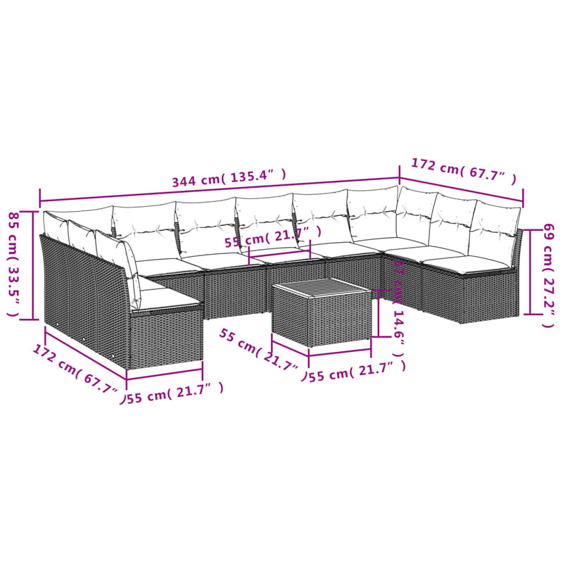 vidaXL 11 Piece Garden Sofa Set with Cushions Grey Poly Rattan