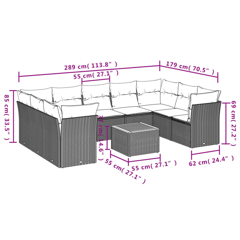 vidaXL 10 Piece Garden Sofa Set with Cushions Grey Poly Rattan