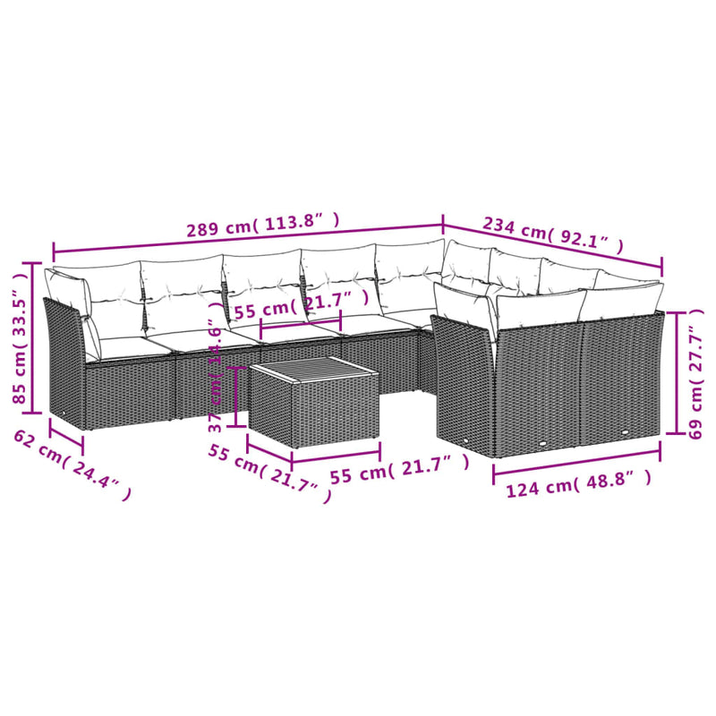 vidaXL 10 Piece Garden Sofa Set with Cushions Grey Poly Rattan