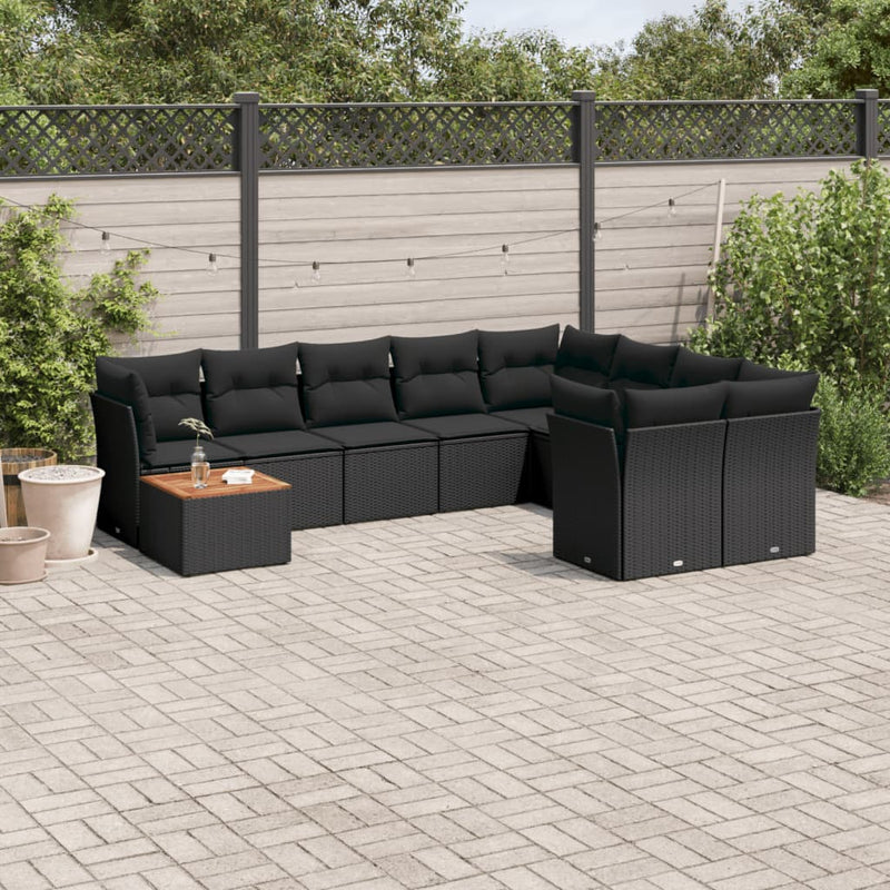 vidaXL 10 Piece Garden Sofa Set with Cushions Black Poly Rattan