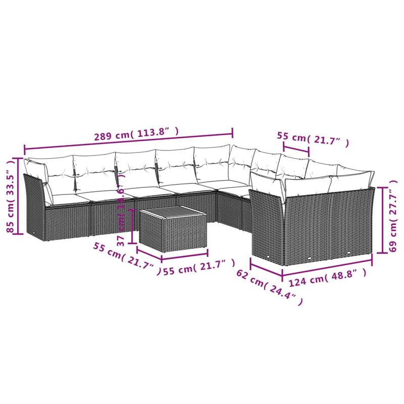 vidaXL 11 Piece Garden Sofa Set with Cushions Grey Poly Rattan