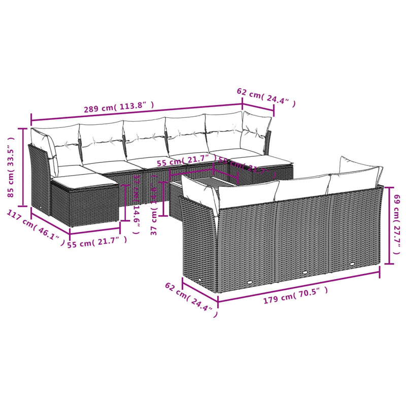 vidaXL 11 Piece Garden Sofa Set with Cushions Grey Poly Rattan