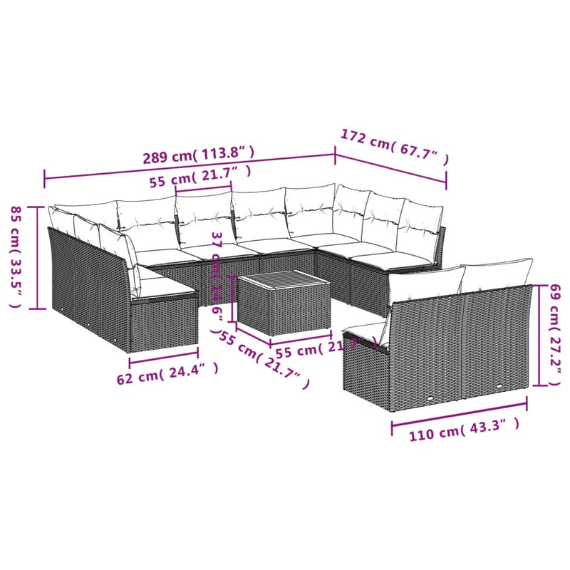 vidaXL 12 Piece Garden Sofa Set with Cushions Black Poly Rattan