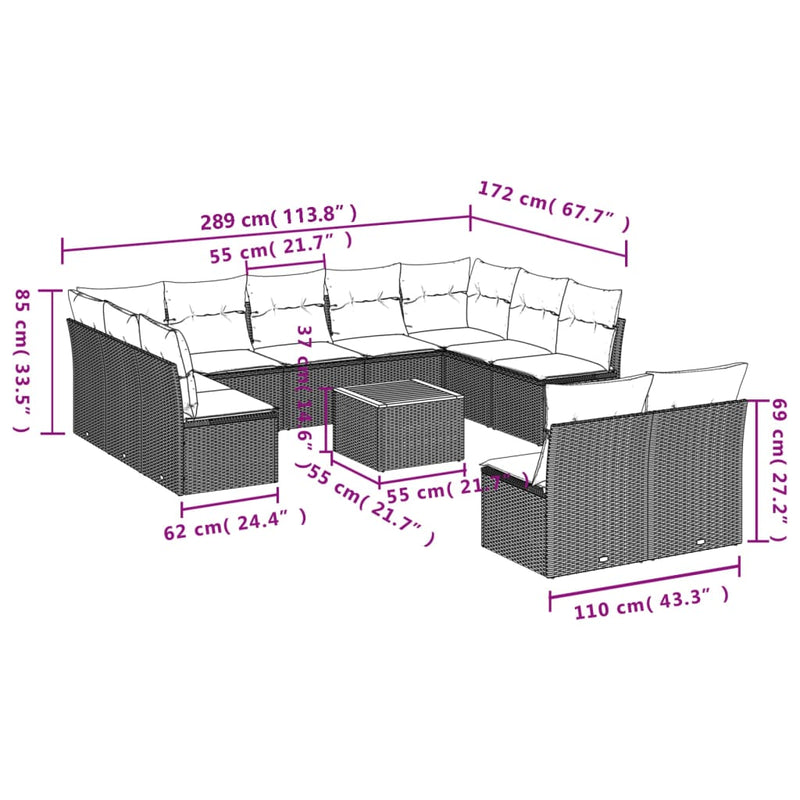 vidaXL 12 Piece Garden Sofa Set with Cushions Grey Poly Rattan