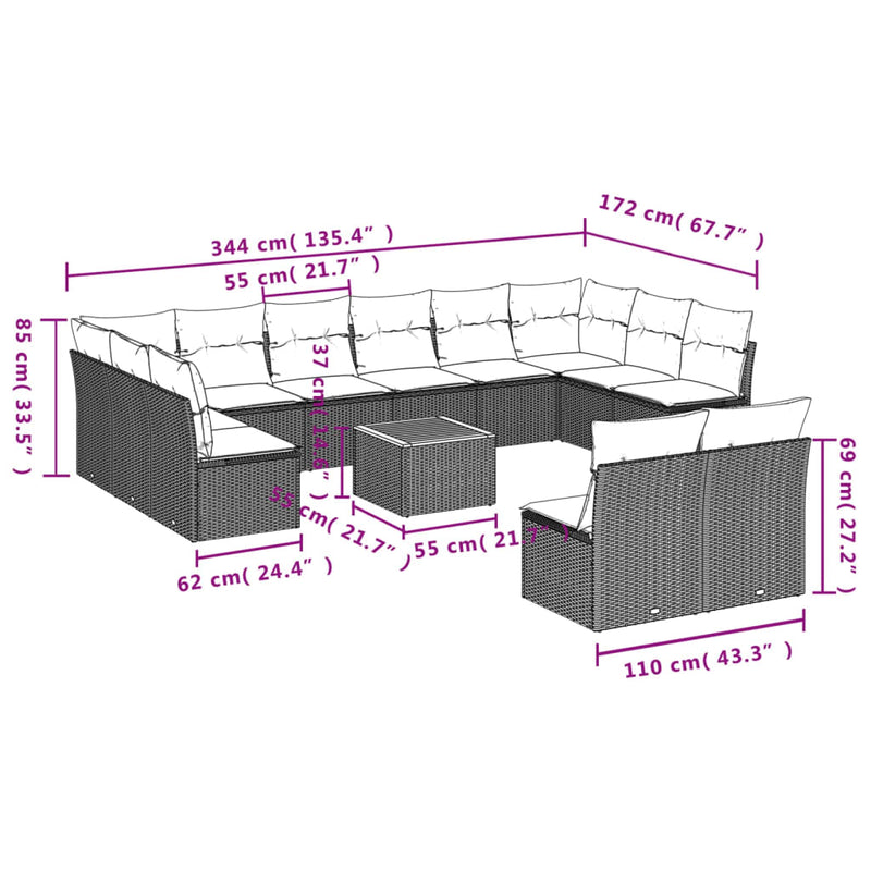 vidaXL 13 Piece Garden Sofa Set with Cushions Grey Poly Rattan