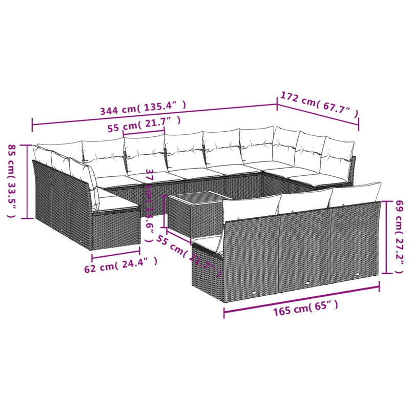 vidaXL 14 Piece Garden Sofa Set with Cushions Black Poly Rattan