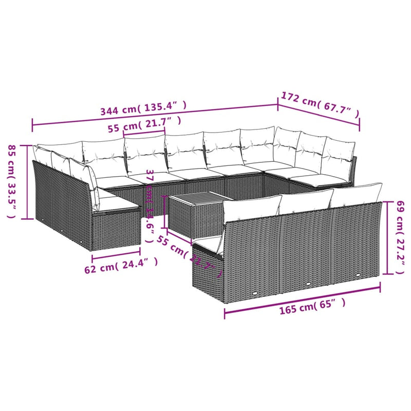 vidaXL 14 Piece Garden Sofa Set with Cushions Grey Poly Rattan