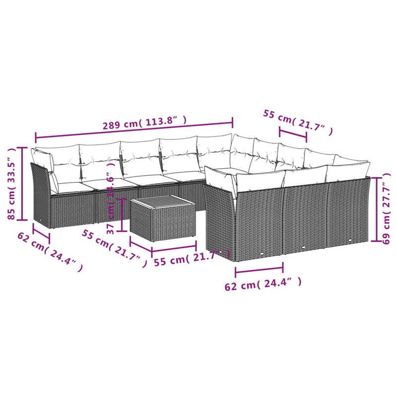 vidaXL 12 Piece Garden Sofa Set with Cushions Grey Poly Rattan