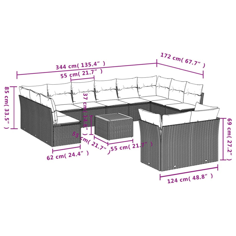 vidaXL 13 Piece Garden Sofa Set with Cushions Black Poly Rattan