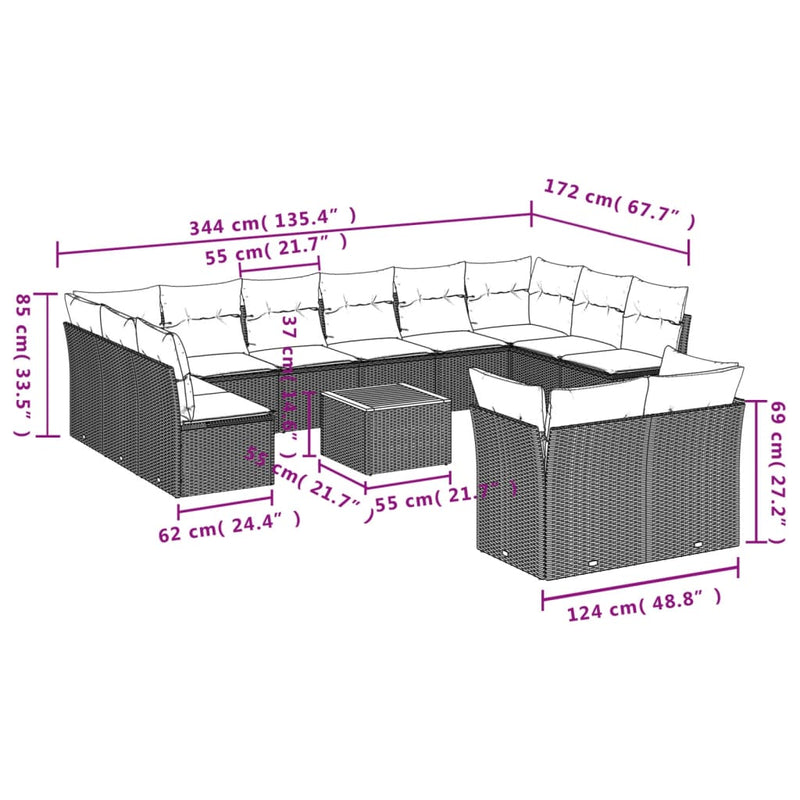 vidaXL 13 Piece Garden Sofa Set with Cushions Grey Poly Rattan