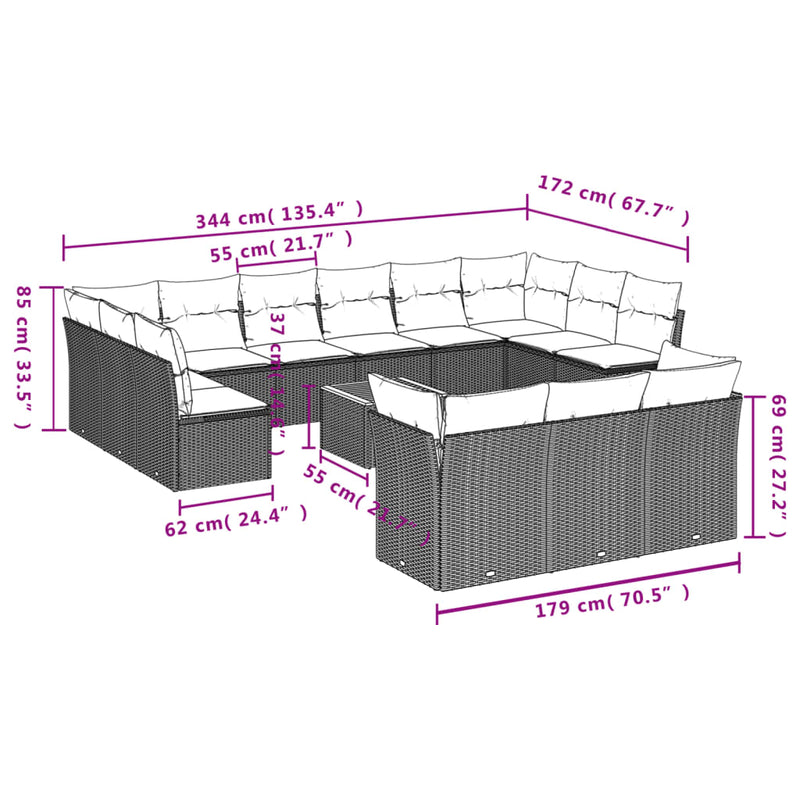 vidaXL 14 Piece Garden Sofa Set with Cushions Black Poly Rattan