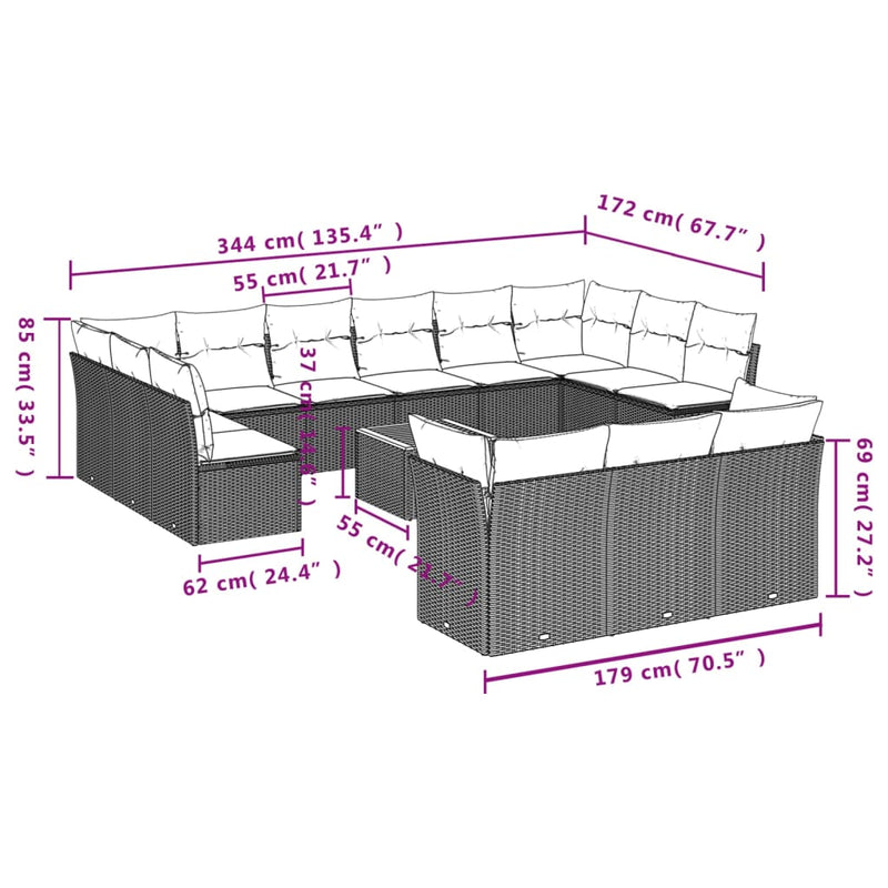 vidaXL 14 Piece Garden Sofa Set with Cushions Grey Poly Rattan