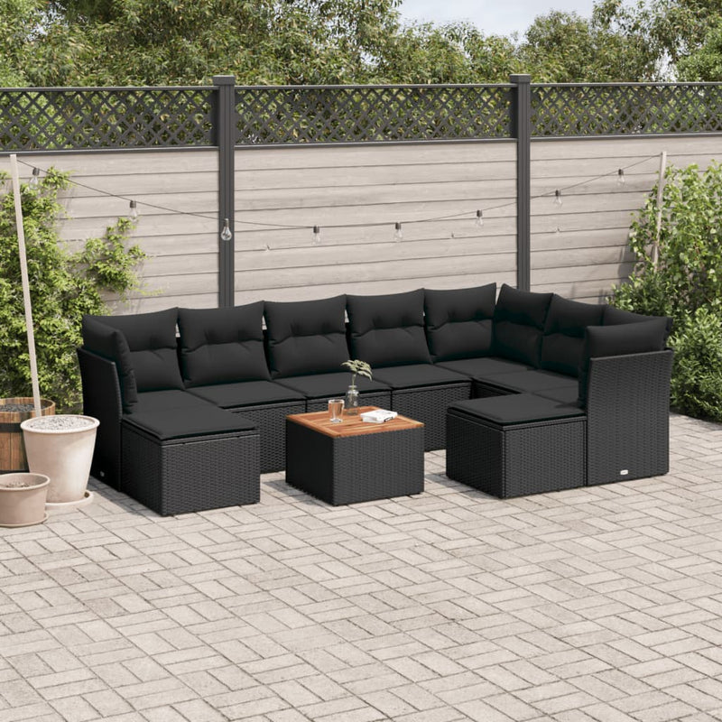 vidaXL 10 Piece Garden Sofa Set with Cushions Black Poly Rattan