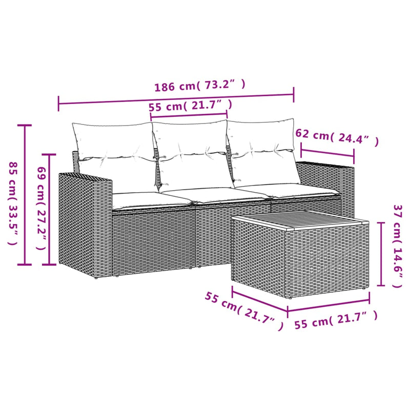 vidaXL 4 Piece Garden Sofa Set with Cushions Black Poly Rattan