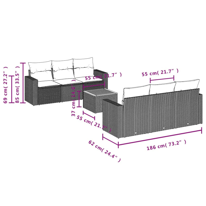vidaXL 7 Piece Garden Sofa Set with Cushions Grey Poly Rattan