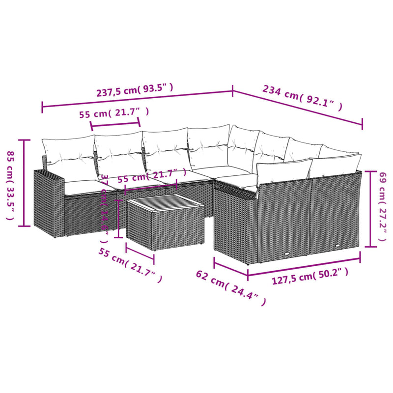 vidaXL 9 Piece Garden Sofa Set with Cushions Grey Poly Rattan