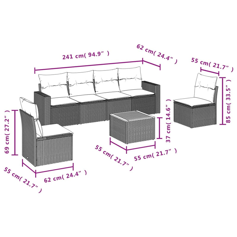 vidaXL 7 Piece Garden Sofa Set with Cushions Grey Poly Rattan