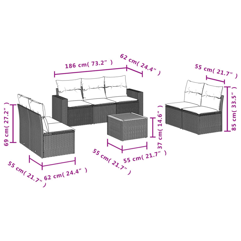 vidaXL 8 Piece Garden Sofa Set with Cushions Black Poly Rattan