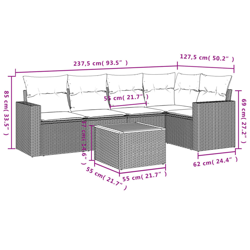 vidaXL 6 Piece Garden Sofa Set with Cushions Grey Poly Rattan