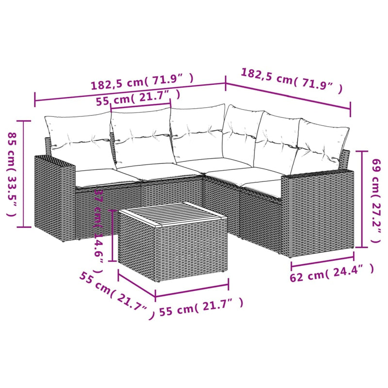 vidaXL 6 Piece Garden Sofa Set with Cushions Grey Poly Rattan