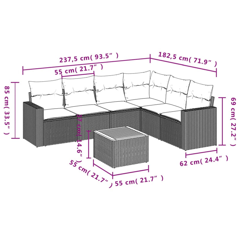 vidaXL 7 Piece Garden Sofa Set with Cushions Black Poly Rattan
