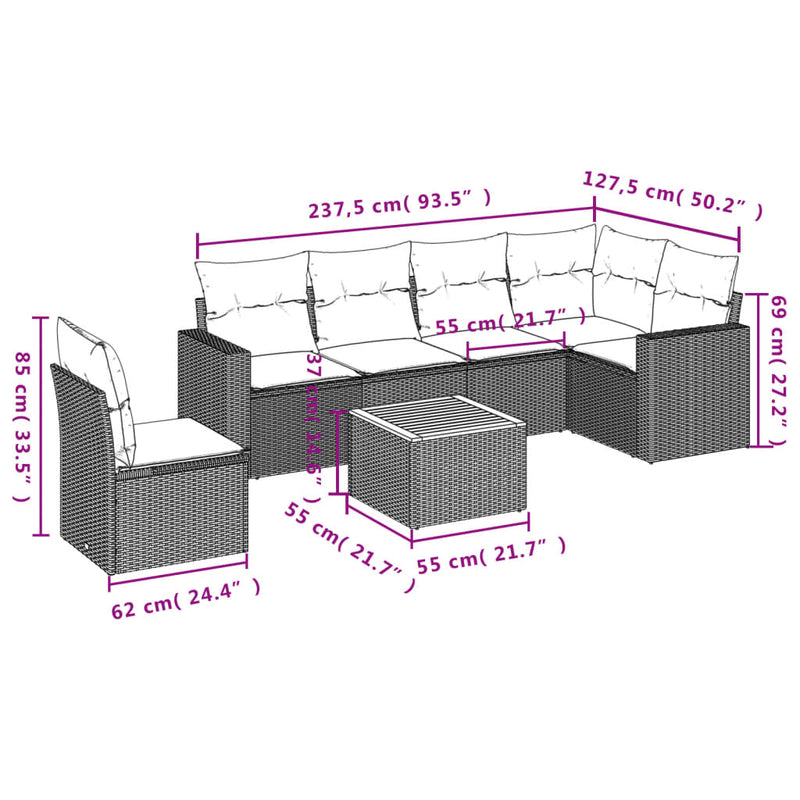 vidaXL 7 Piece Garden Sofa Set with Cushions Black Poly Rattan