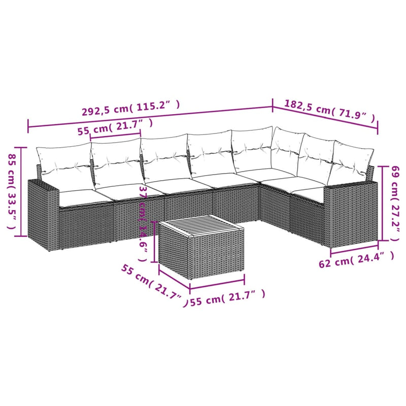 vidaXL 8 Piece Garden Sofa Set with Cushions Grey Poly Rattan