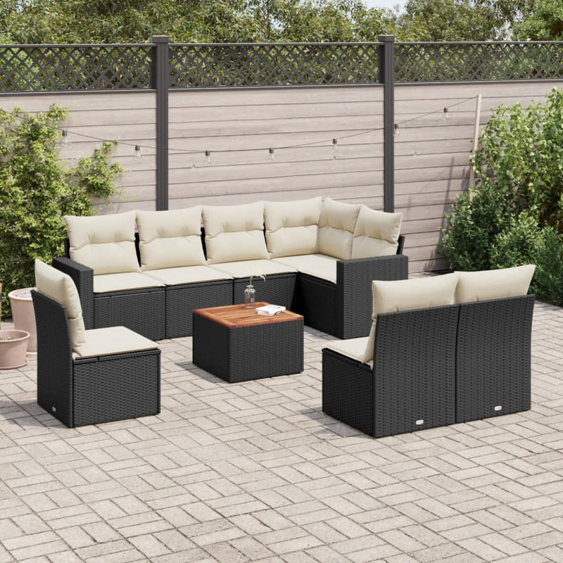 vidaXL 9 Piece Garden Sofa Set with Cushions Black Poly Rattan