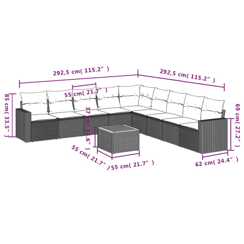 vidaXL 10 Piece Garden Sofa Set with Cushions Black Poly Rattan