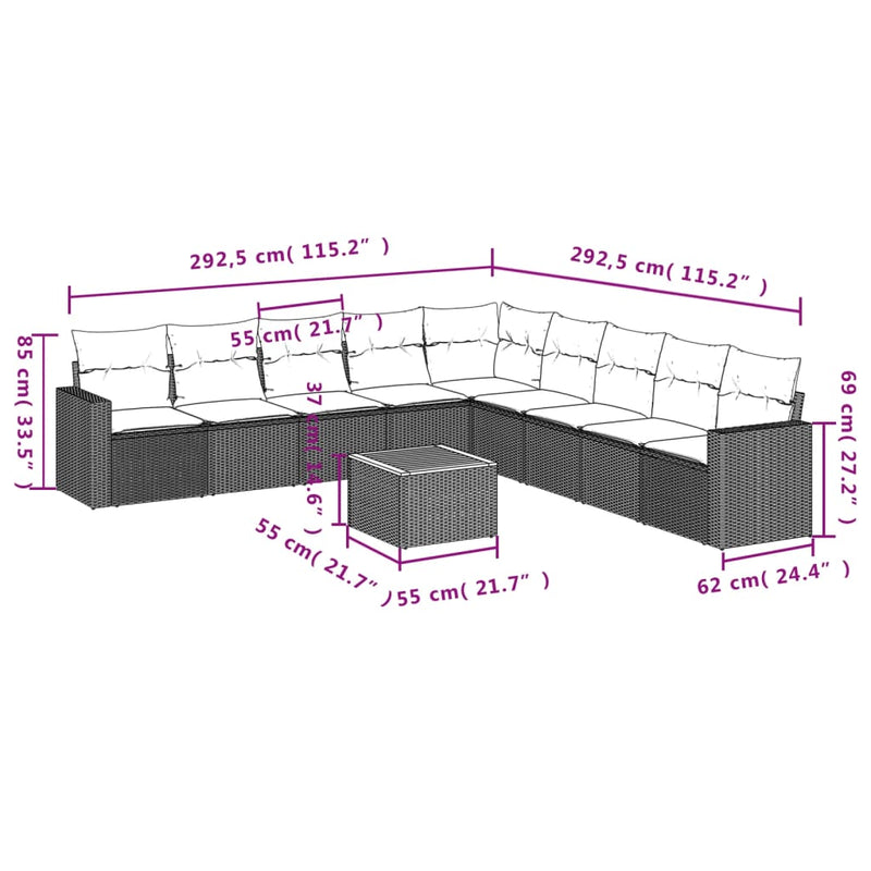vidaXL 10 Piece Garden Sofa Set with Cushions Black Poly Rattan