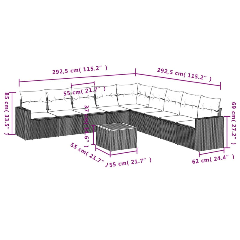vidaXL 10 Piece Garden Sofa Set with Cushions Grey Poly Rattan