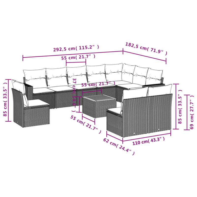 vidaXL 11 Piece Garden Sofa Set with Cushions Black Poly Rattan