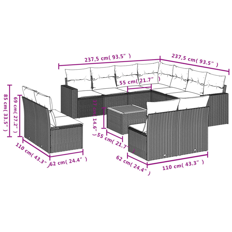 vidaXL 12 Piece Garden Sofa Set with Cushions Black Poly Rattan