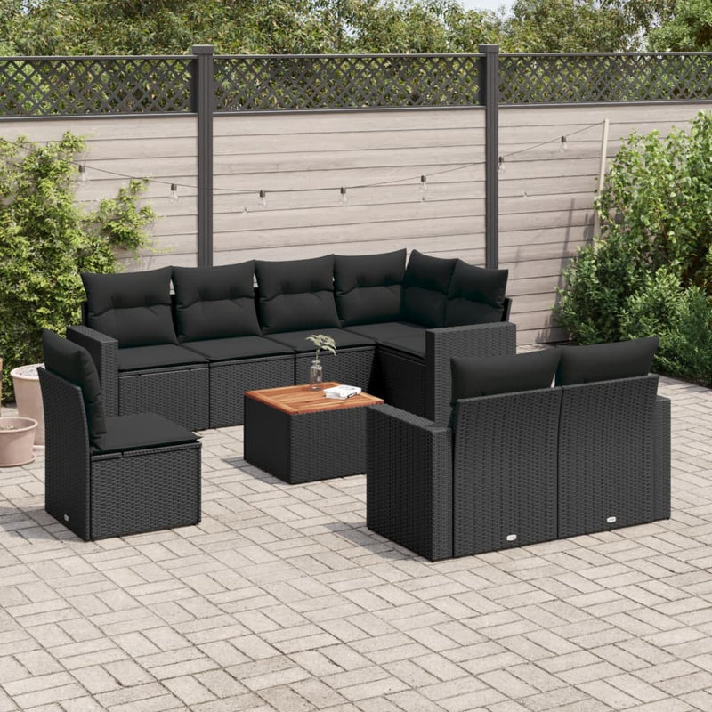 vidaXL 9 Piece Garden Sofa Set with Cushions Black Poly Rattan