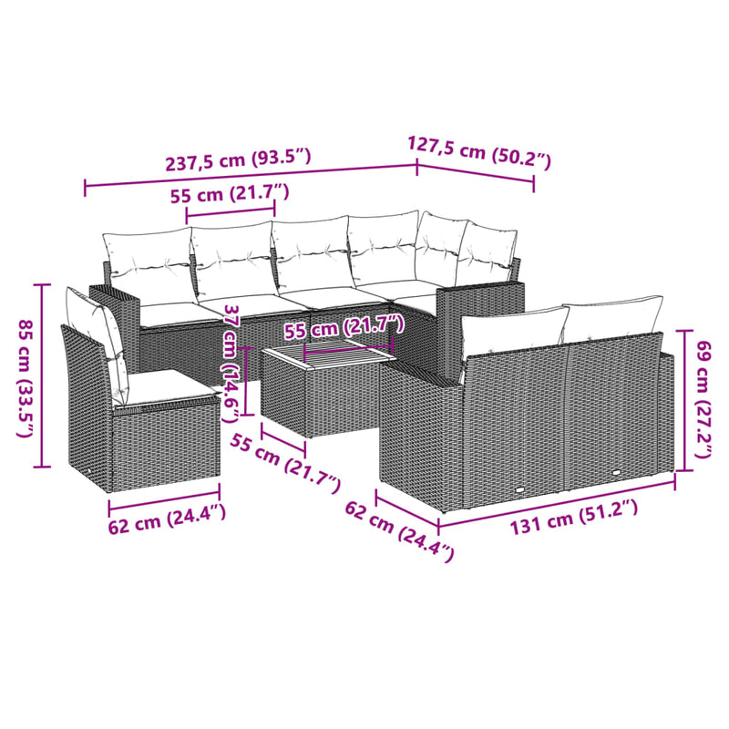 vidaXL 9 Piece Garden Sofa Set with Cushions Grey Poly Rattan