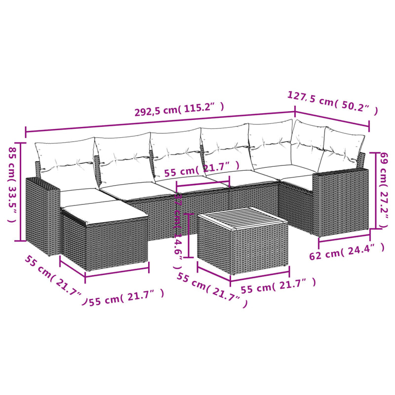 vidaXL 8 Piece Garden Sofa Set with Cushions Grey Poly Rattan