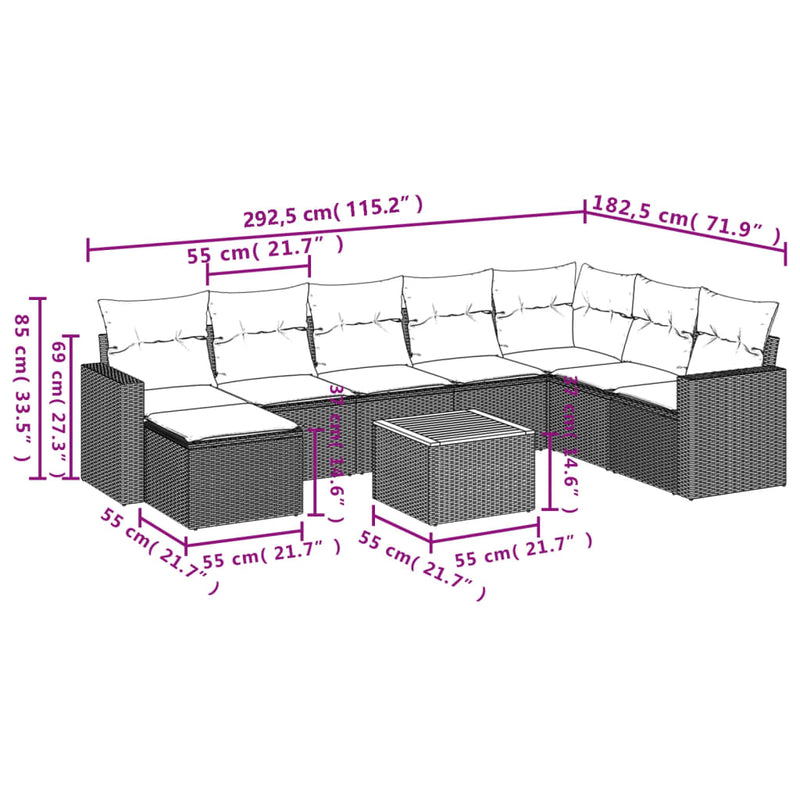 vidaXL 9 Piece Garden Sofa Set with Cushions Grey Poly Rattan