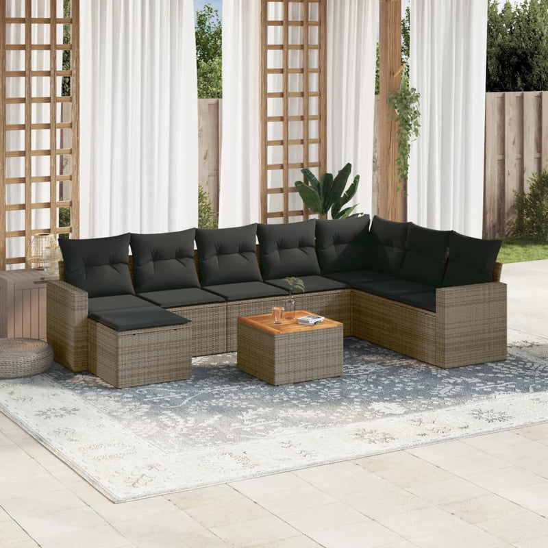 9 Piece Garden Sofa Set with Cushions Grey Poly Rattan