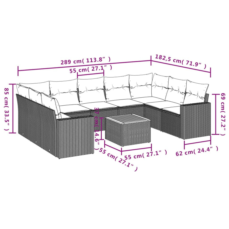 vidaXL 10 Piece Garden Sofa Set with Cushions Black Poly Rattan
