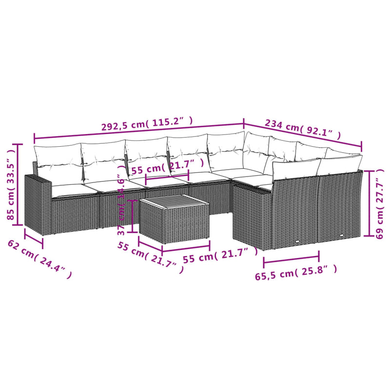 vidaXL 10 Piece Garden Sofa Set with Cushions Grey Poly Rattan