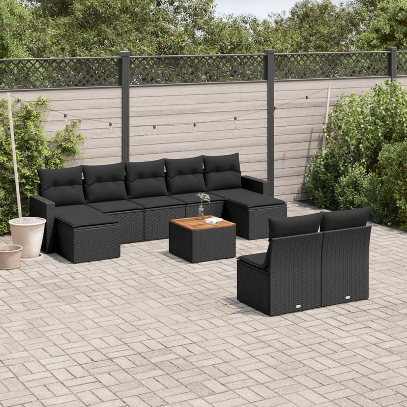 vidaXL 10 Piece Garden Sofa Set with Cushions Black Poly Rattan