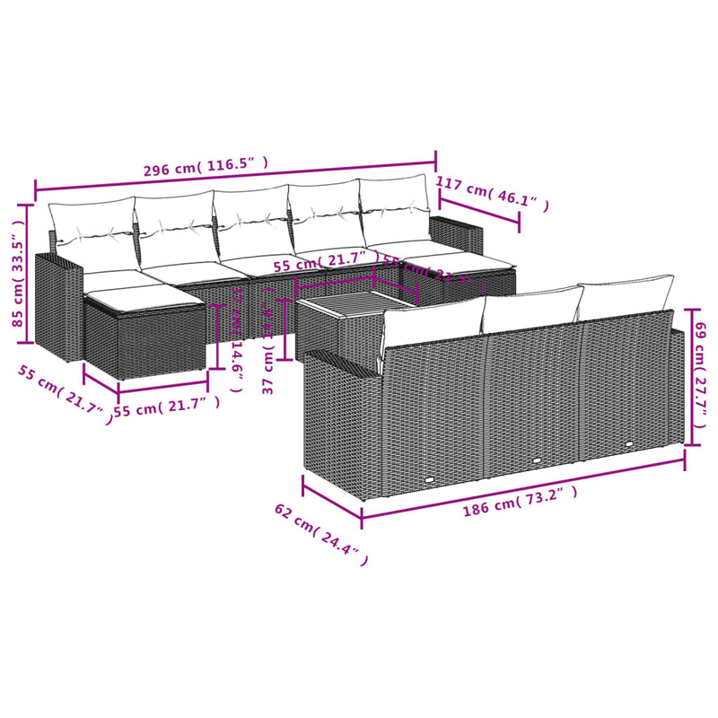 vidaXL 11 Piece Garden Sofa Set with Cushions Grey Poly Rattan