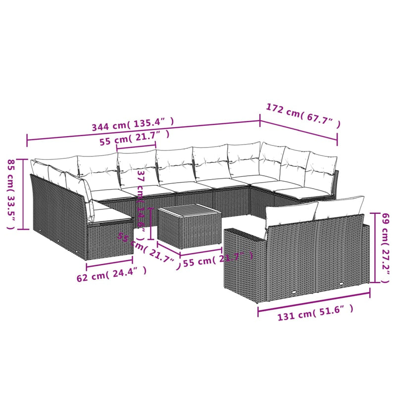 vidaXL 13 Piece Garden Sofa Set with Cushions Grey Poly Rattan