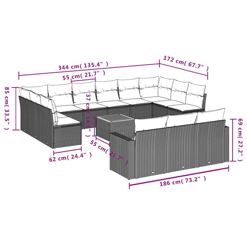 vidaXL 14 Piece Garden Sofa Set with Cushions Black Poly Rattan